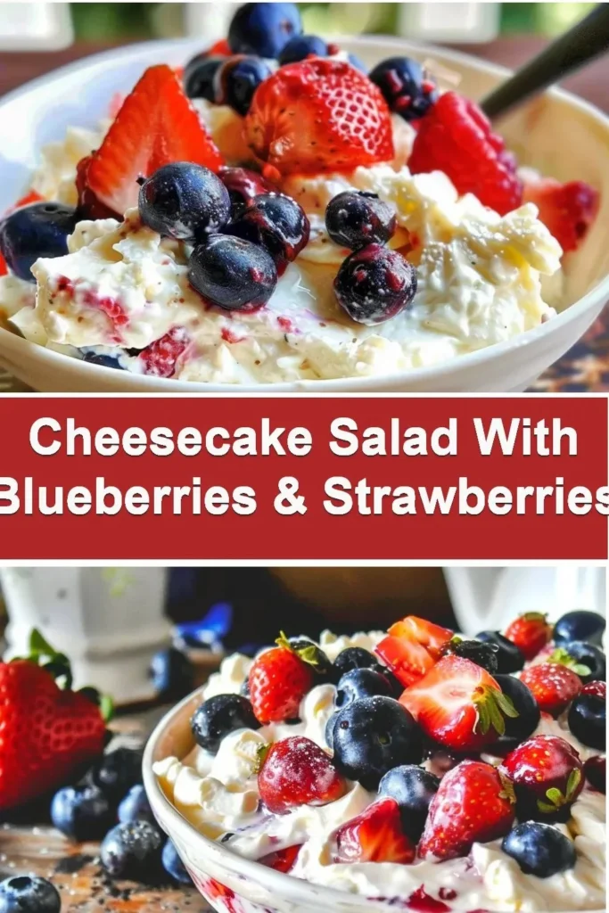 Cheesecake salad topped with fresh blueberries and strawberries in a bowl