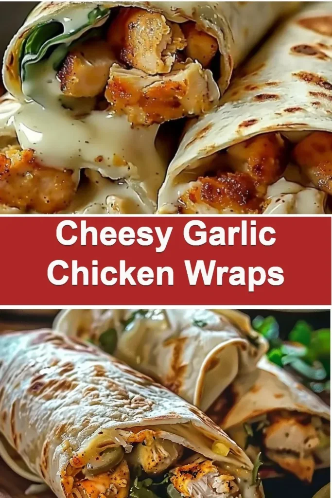 Cheesy garlic chicken wraps served on a wooden platter with fresh ingredients