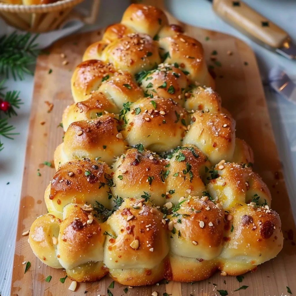 Cheesy Pull-Apart Christmas Tree Bread served on a festive table