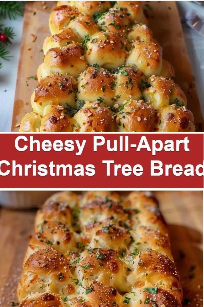 Cheesy pull-apart Christmas tree bread presented on a festive platter.
