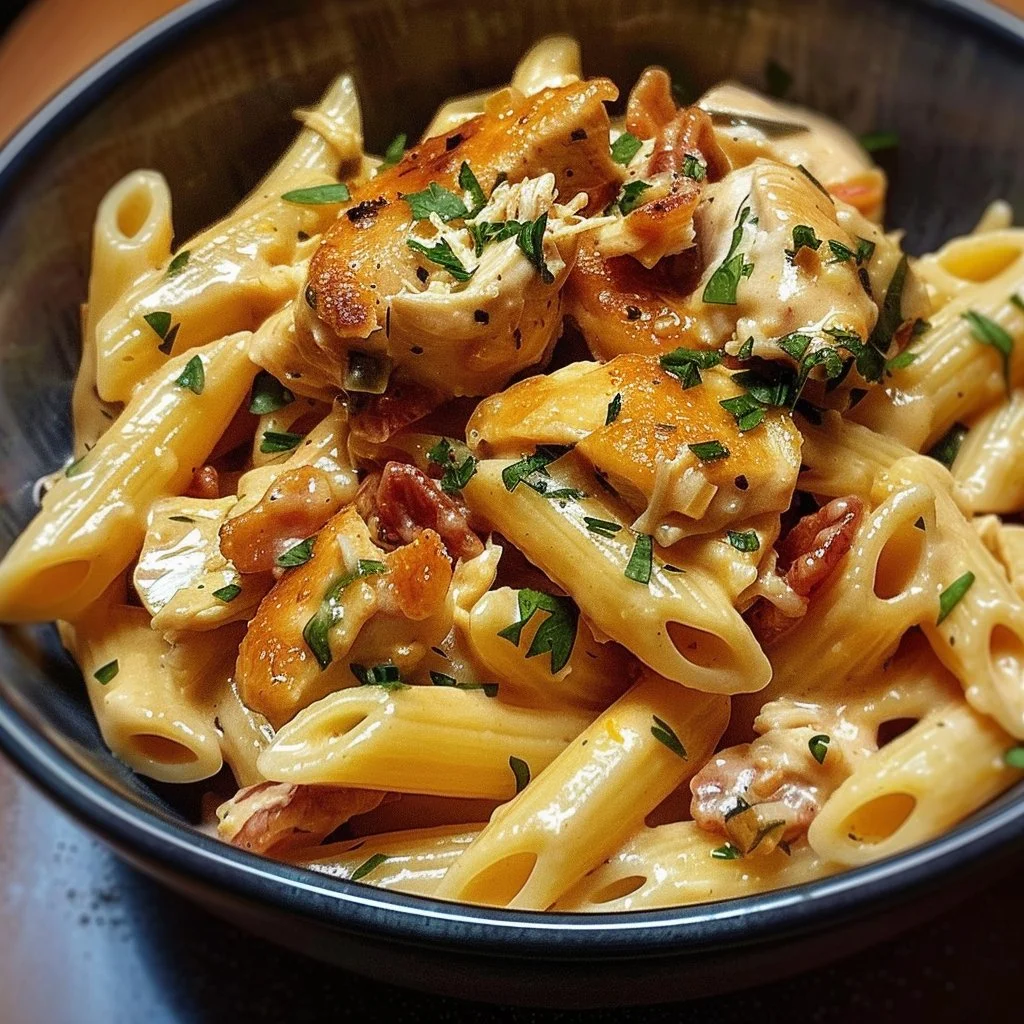 Delicious Chicken Penne Pasta garnished with herbs and cheese