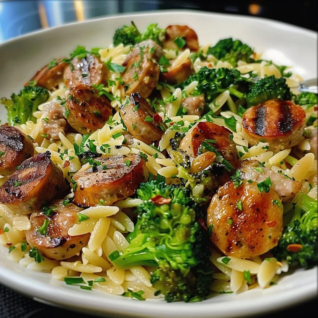 A bowl of Chicken Sausage and Broccoli Orzo with fresh ingredients.