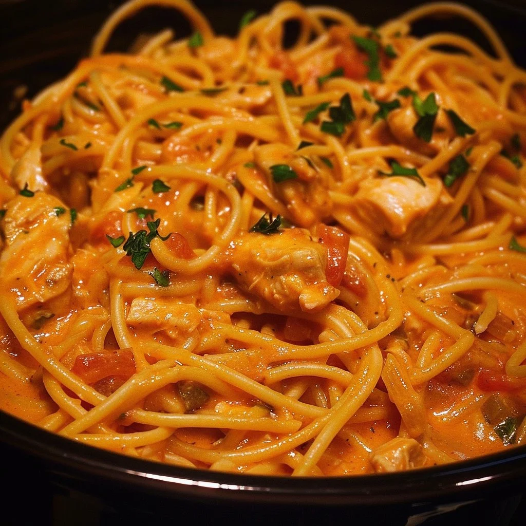 CrockPot chicken spaghetti dish garnished with herbs and served in a bowl