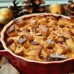 Delicious Christmas Eggnog Bread Pudding served with whipped cream and a sprinkle of nutmeg.