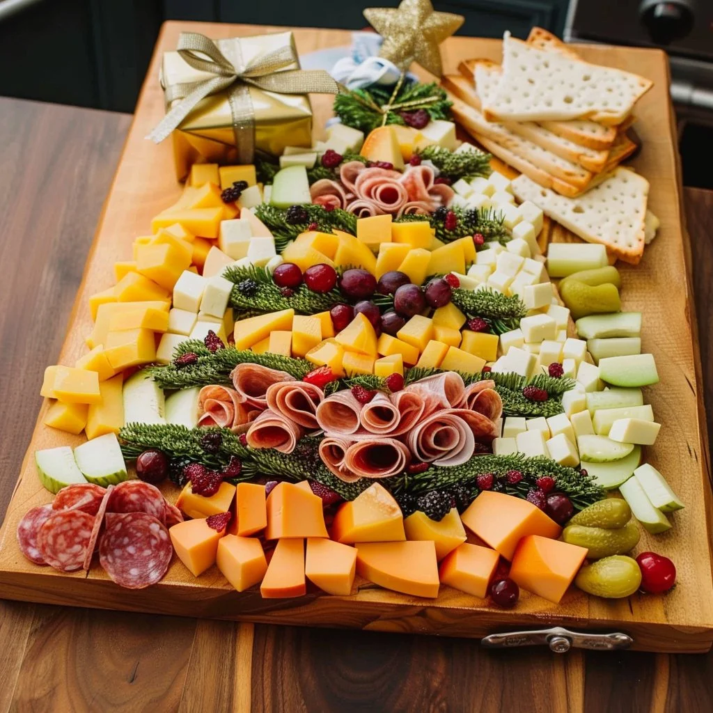 Christmas tree shaped charcuterie board with festive snacks and cheeses