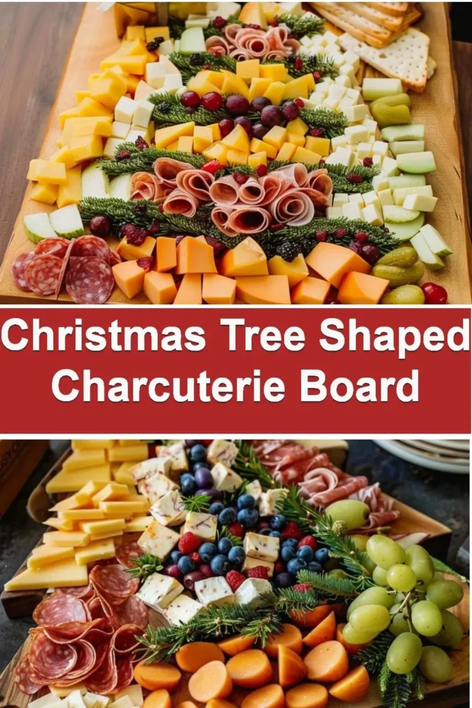 Beautiful Christmas tree shaped charcuterie board with festive snacks and decor.