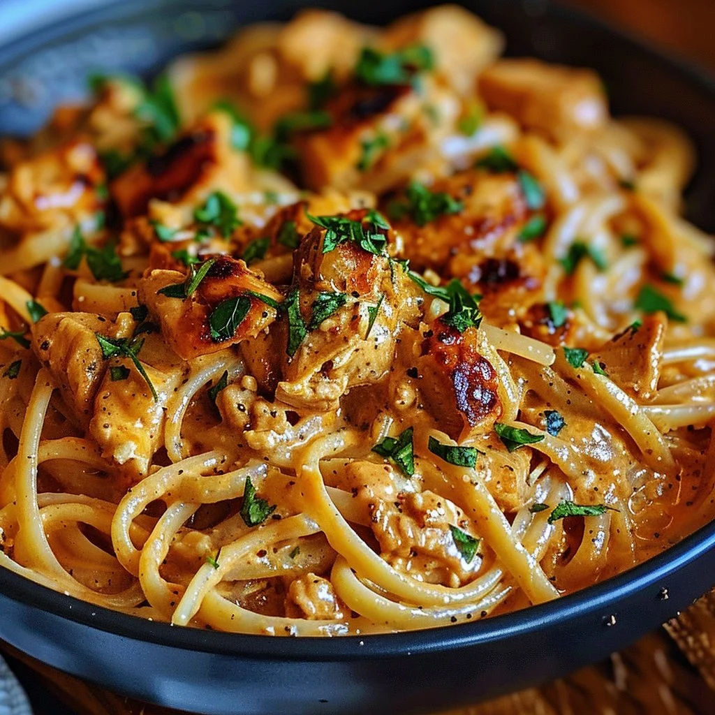 Cowboy Butter Chicken Linguine dish topped with fresh herbs and spices