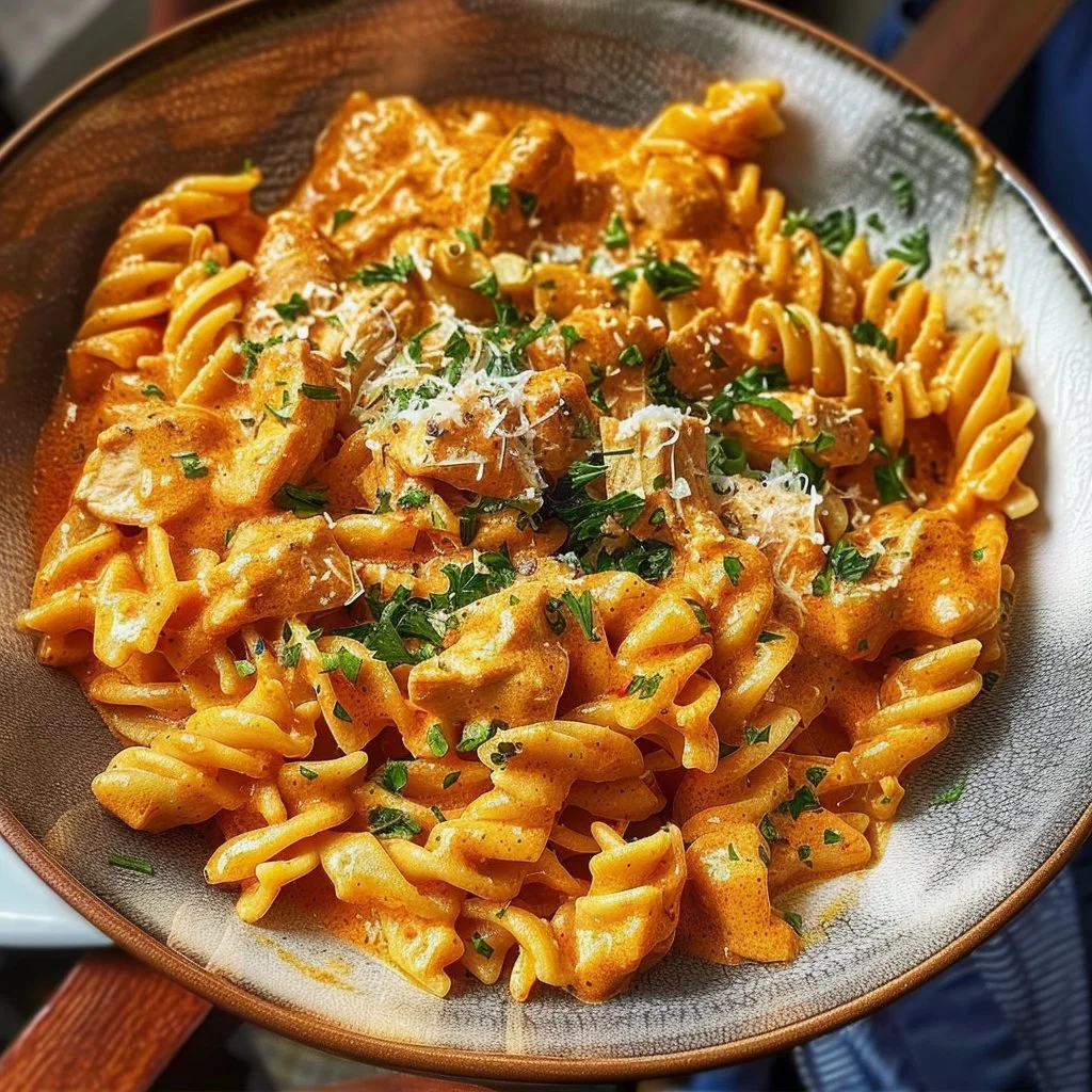 Cowboy Butter Chicken Pasta served in a bowl with fresh herbs on top