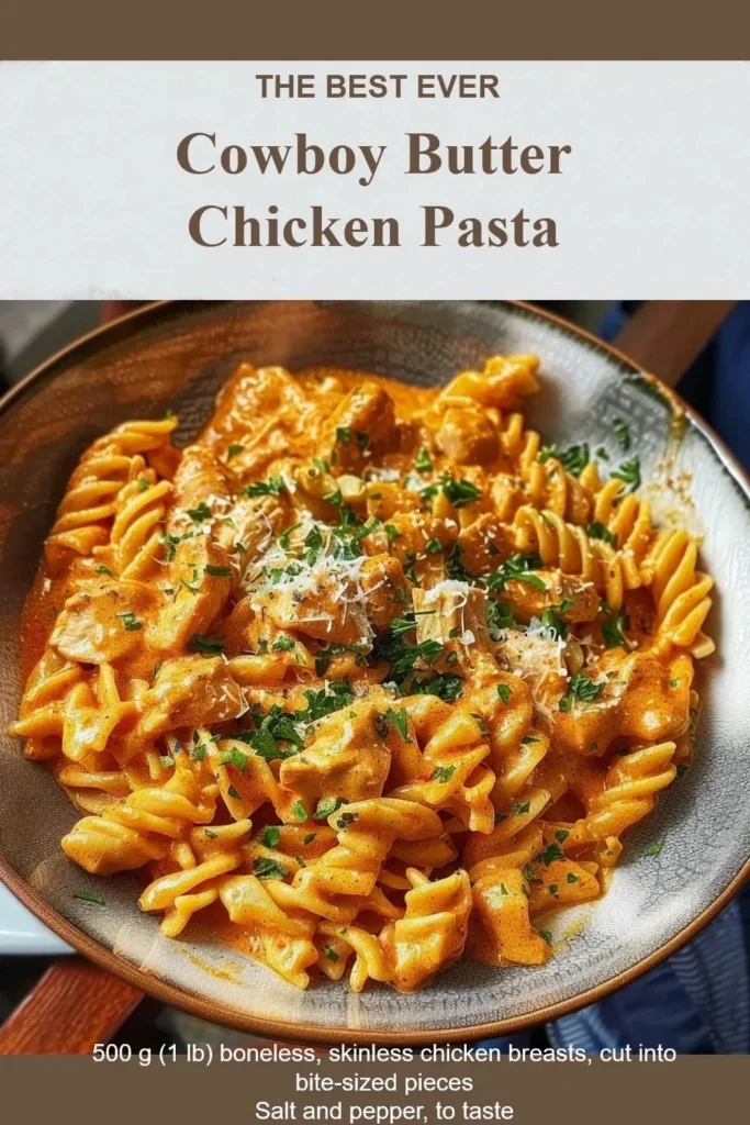 Delicious Cowboy Butter Chicken Pasta served in a bowl with herbs on top.