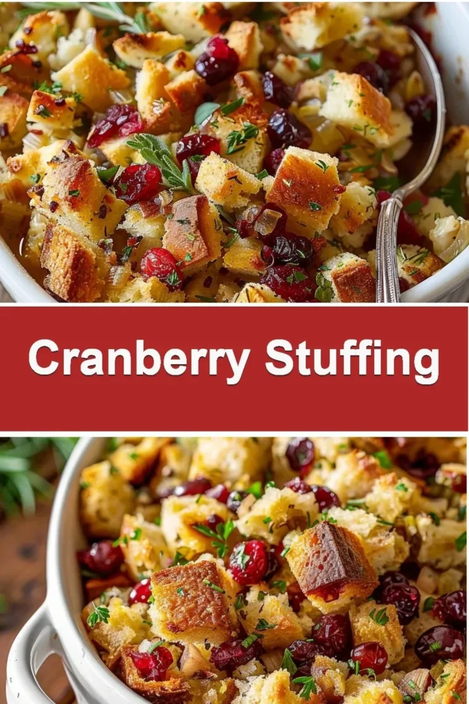 Cranberry stuffing with fresh herbs served in a bowl.