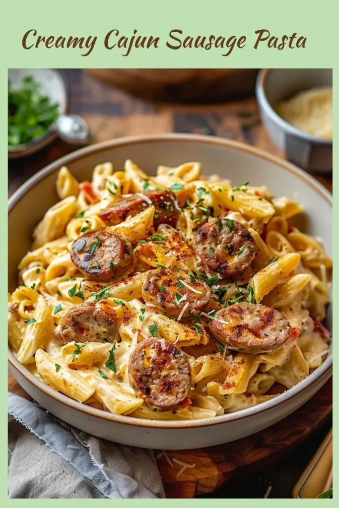 Delicious creamy Cajun sausage pasta served in a bowl with fresh herbs