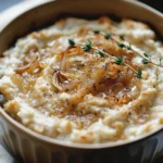 Creamy caramelized onion dip served in a bowl with garnishes
