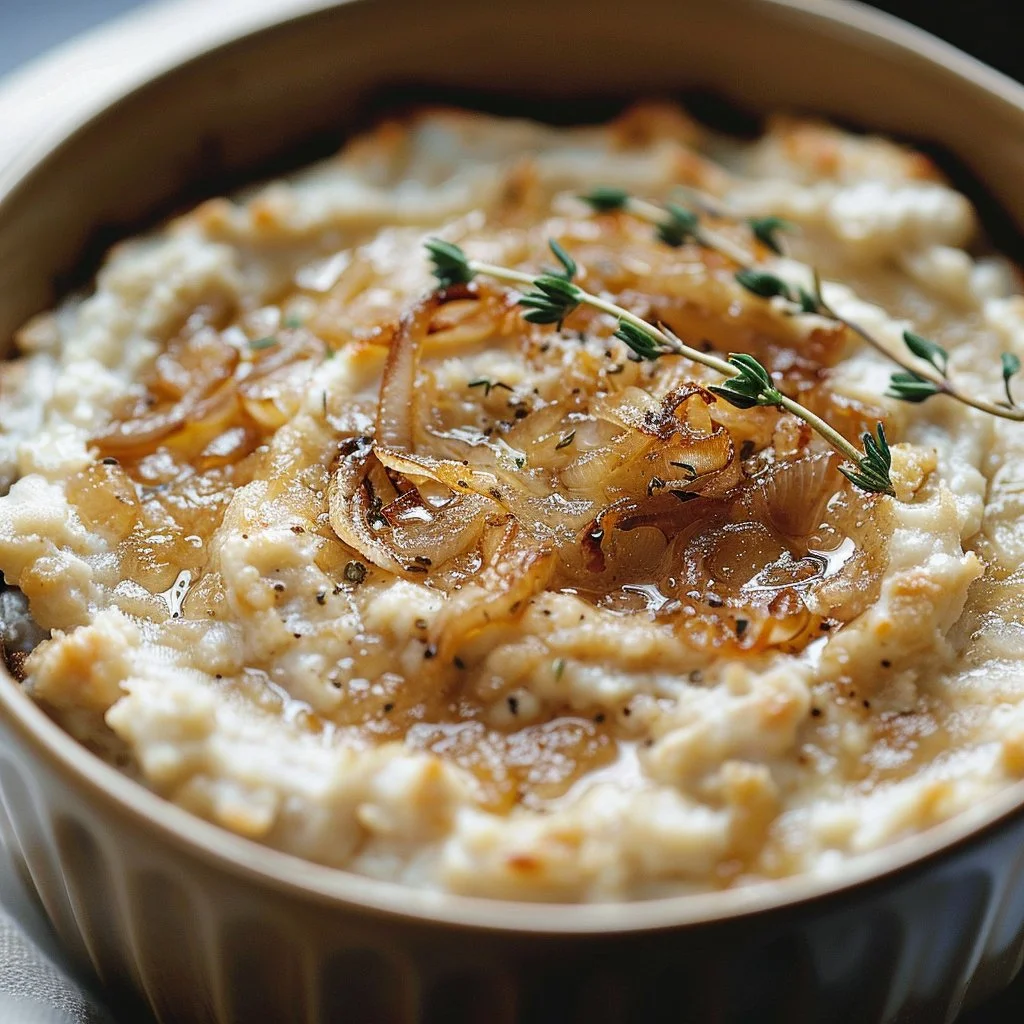 Creamy caramelized onion dip served in a bowl with garnishes