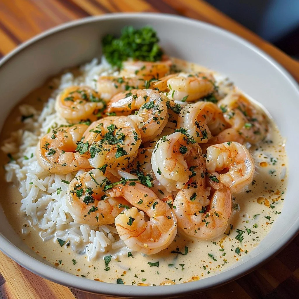 Delicious creamy garlic butter shrimp dish served over a bed of rice