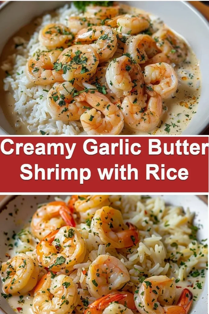 Creamy garlic butter shrimp served with rice on a plate