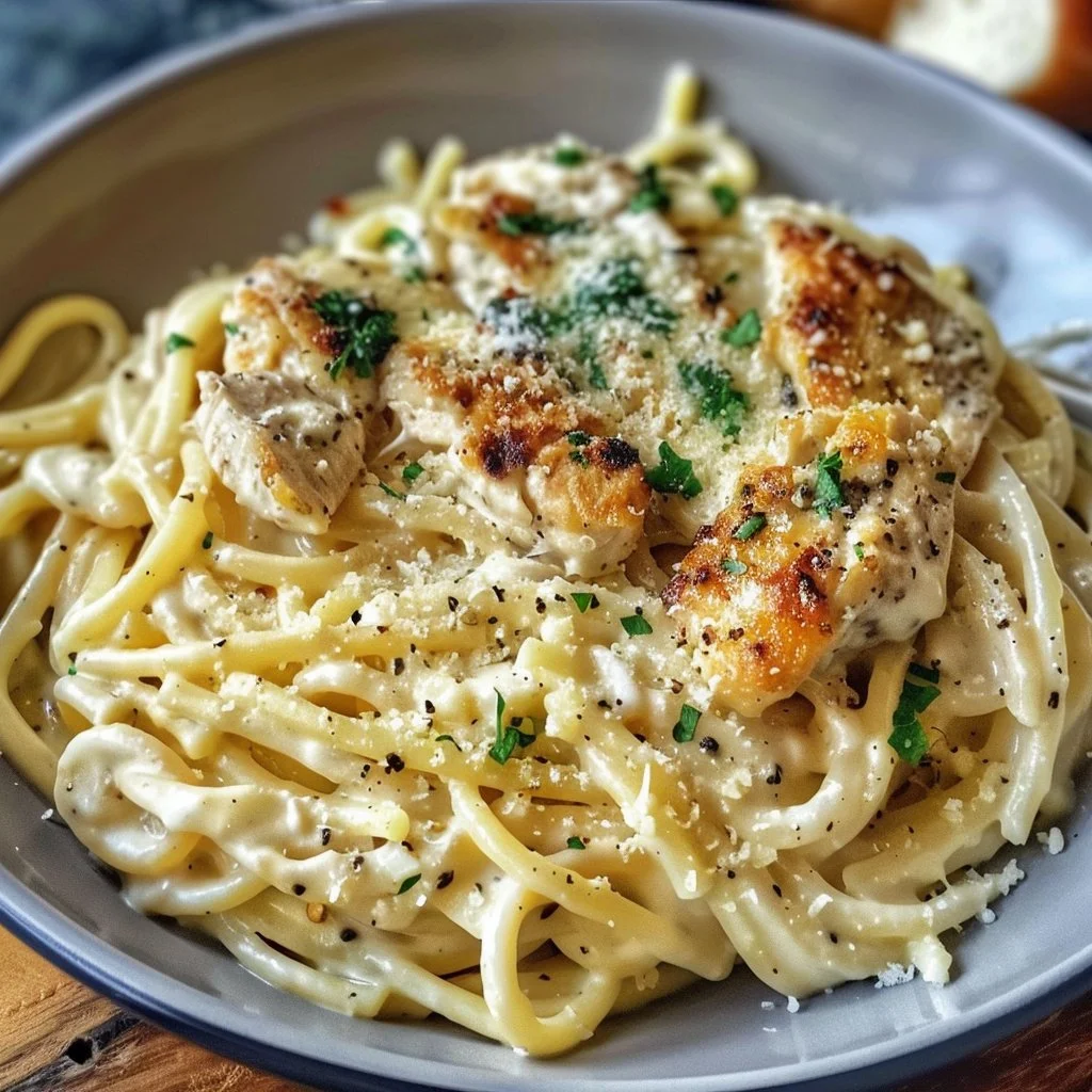 Creamy garlic chicken pasta with herbs and parmesan in a bowl