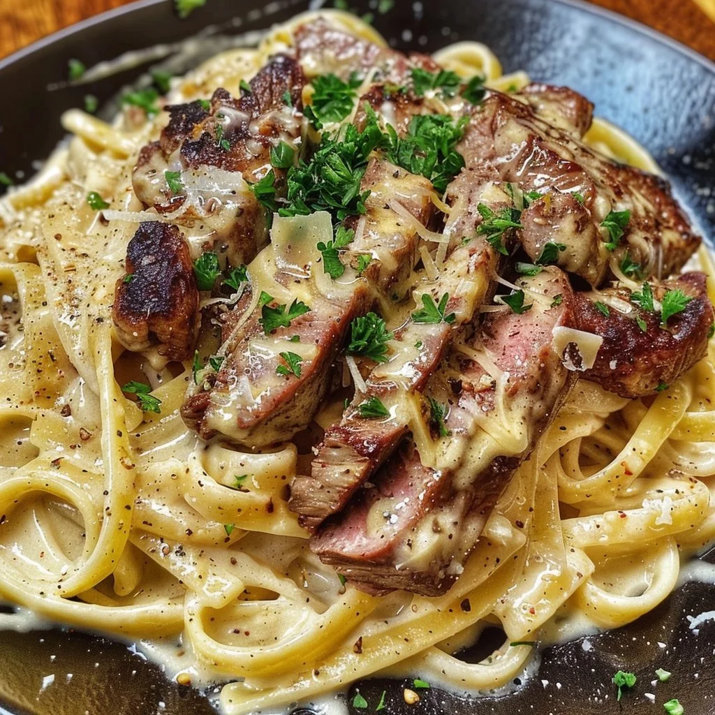 Creamy garlic parmesan steak pasta garnished with fresh herbs