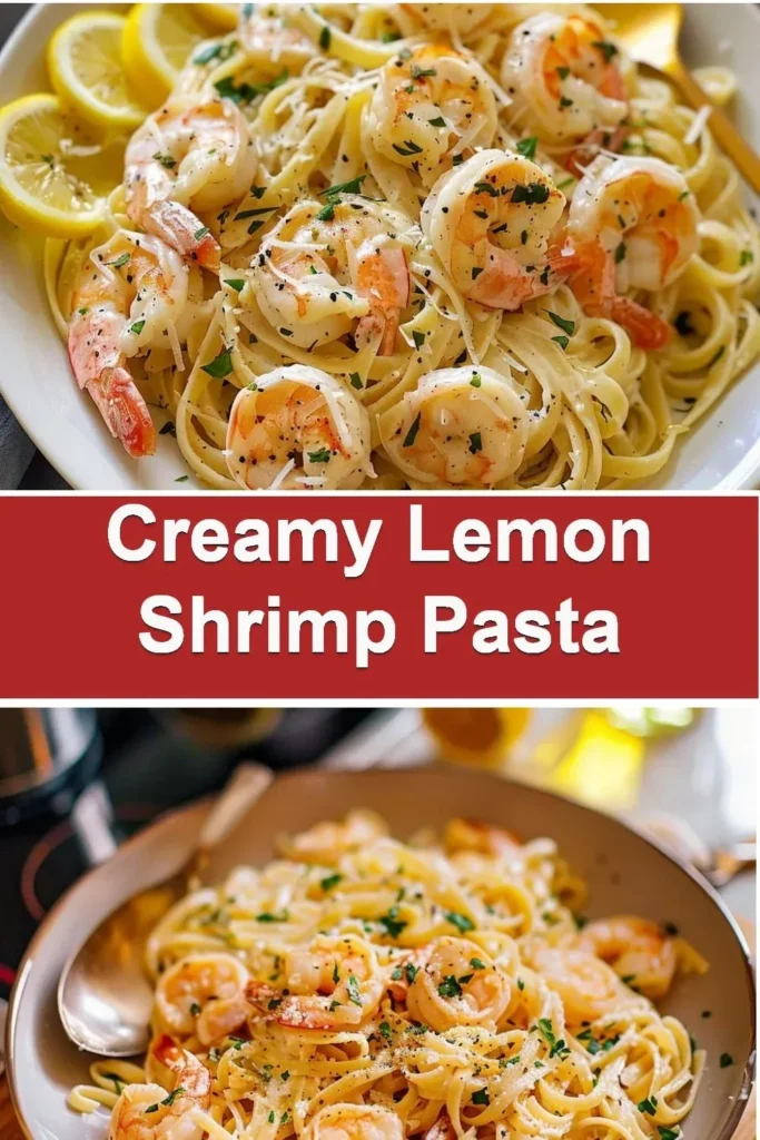 Creamy lemon shrimp pasta served in a dish with fresh herbs and lemon slices.