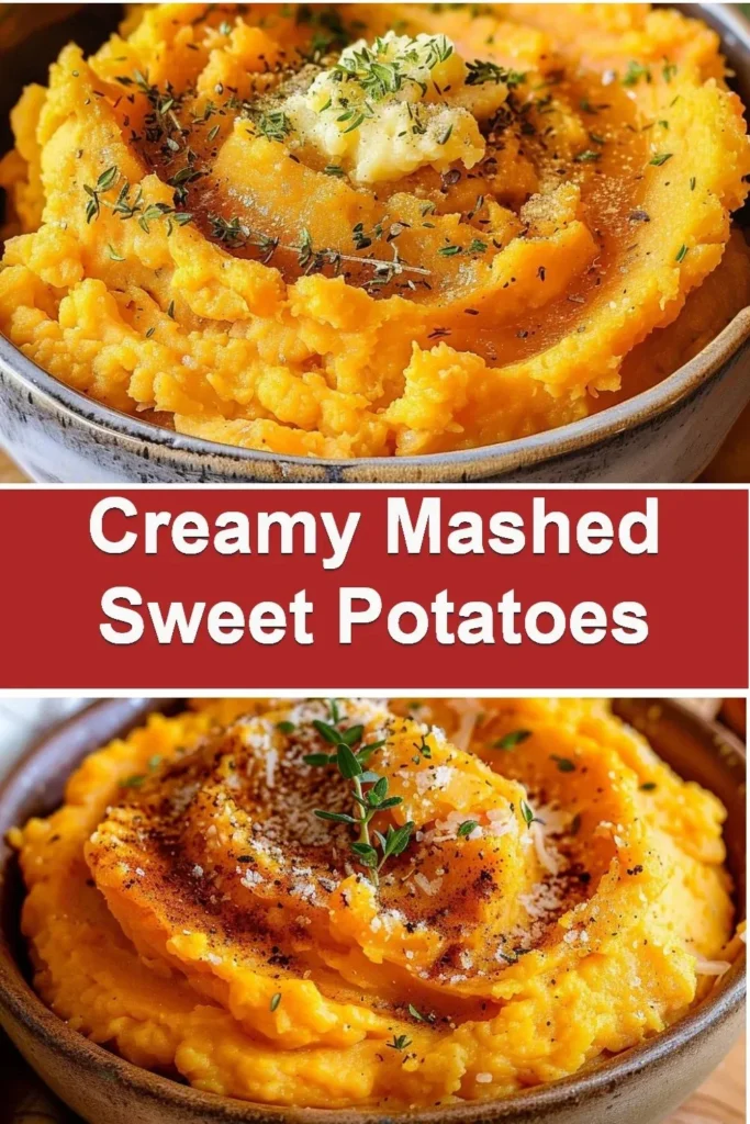 Bowl of creamy mashed sweet potatoes topped with herbs
