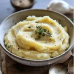 Creamy parsnip puree served in a bowl, garnished with herbs.