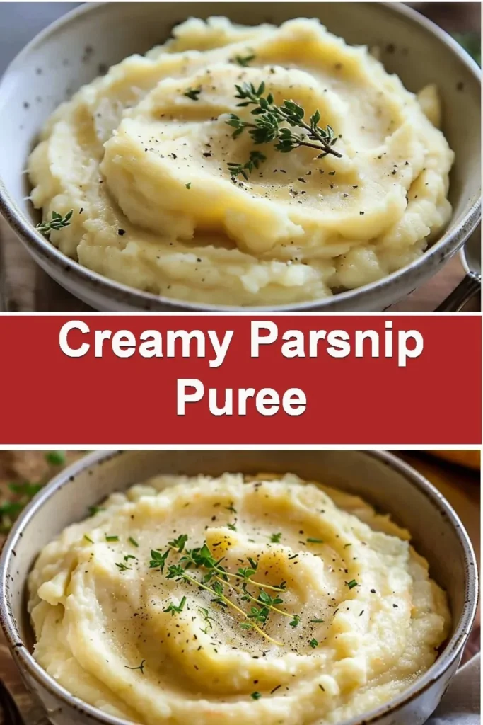 Creamy parsnip puree served in a bowl, garnished with herbs.