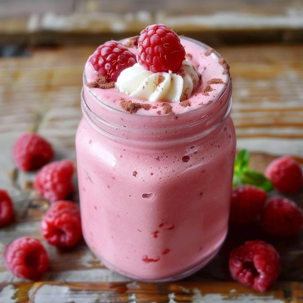 Creamy raspberry cheesecake smoothie in a glass, garnished with raspberries