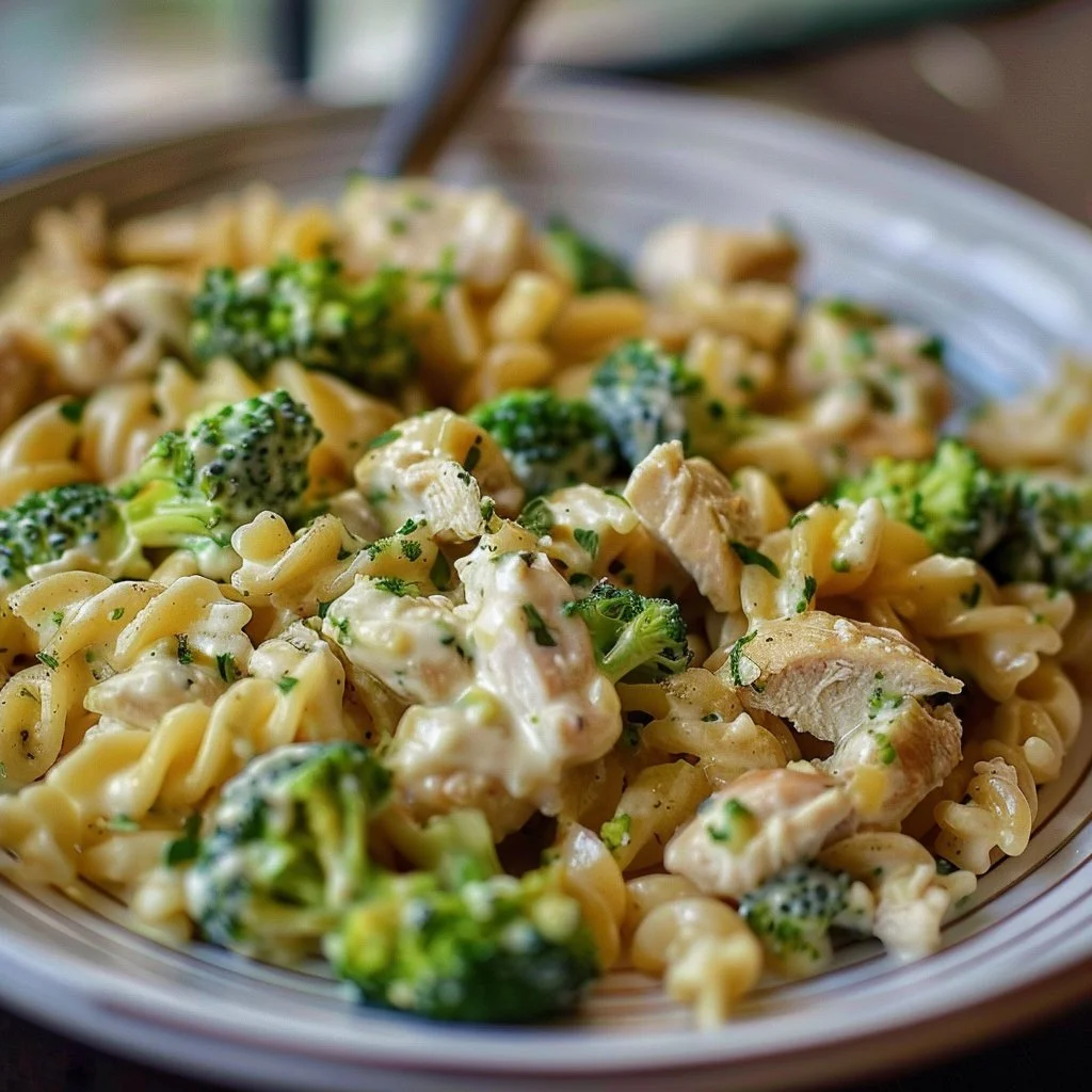 Creamy broccoli pasta with rotisserie chicken in a savory sauce