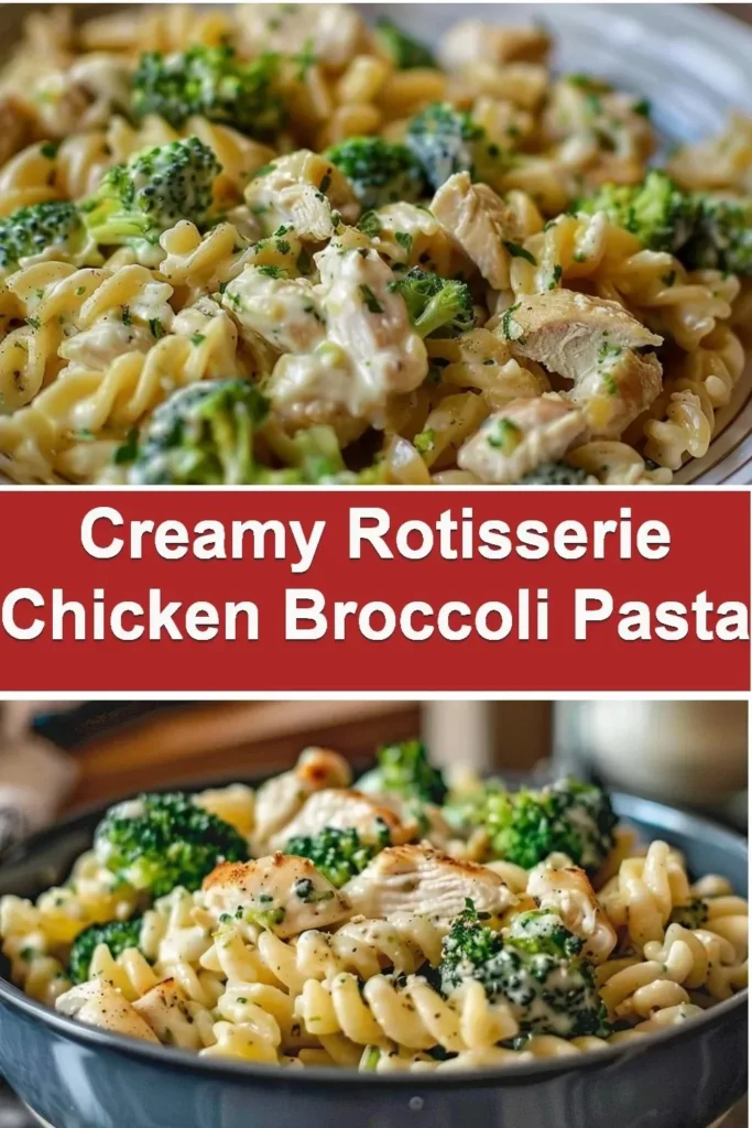 Creamy rotisserie chicken broccoli pasta served in a bowl