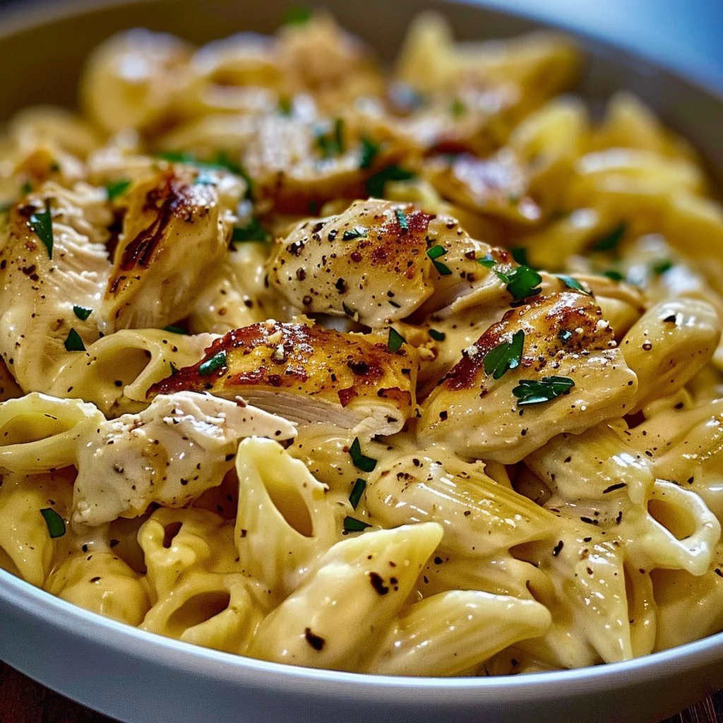 Creamy rotisserie chicken pasta served in a bowl garnished with herbs