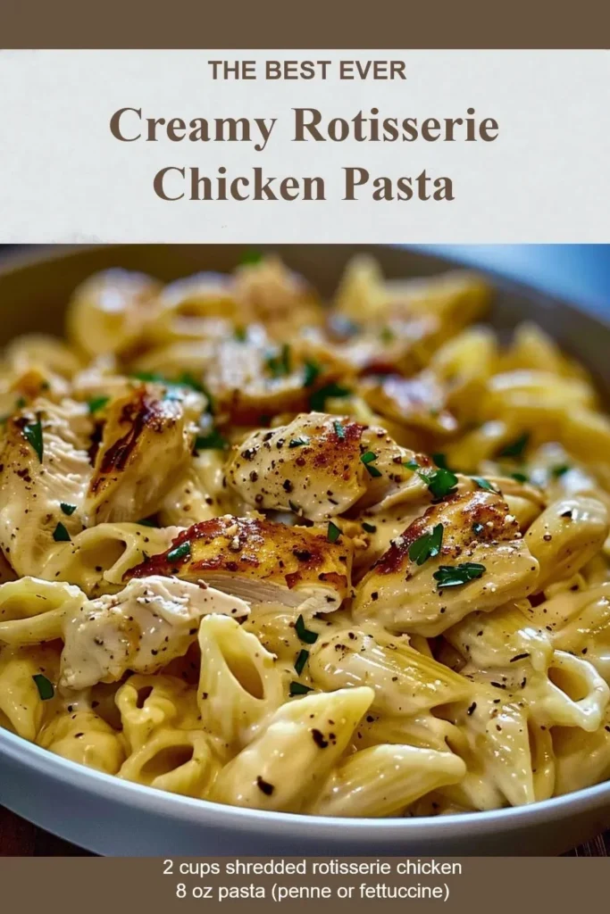 Creamy Rotisserie Chicken Pasta served in a bowl with herbs and cheese