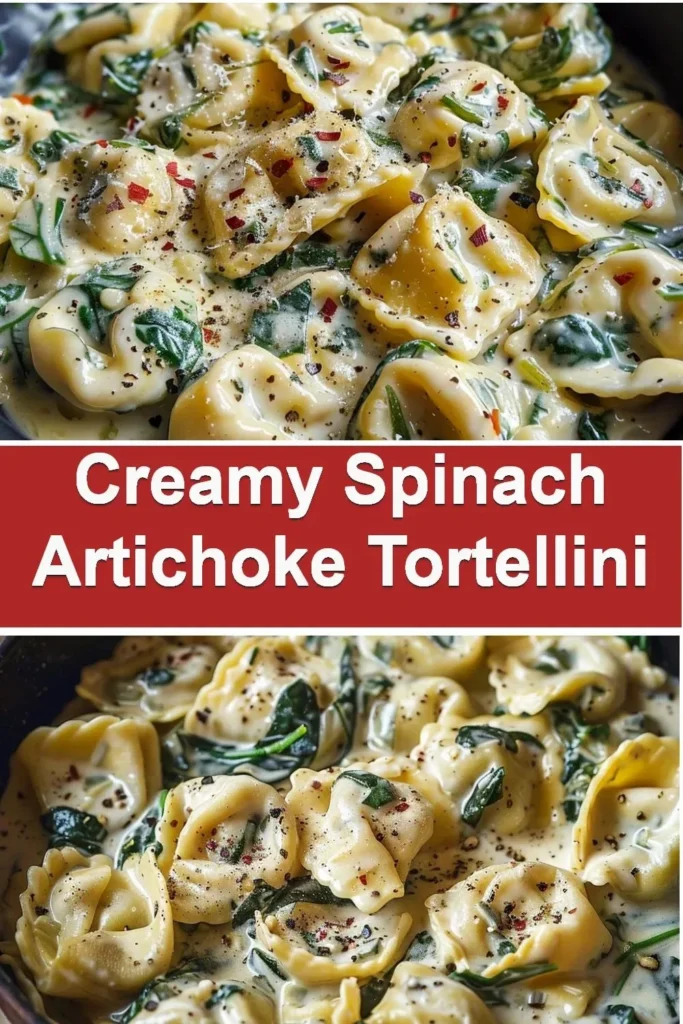 Creamy Spinach Artichoke Tortellini served in a bowl with fresh herbs.