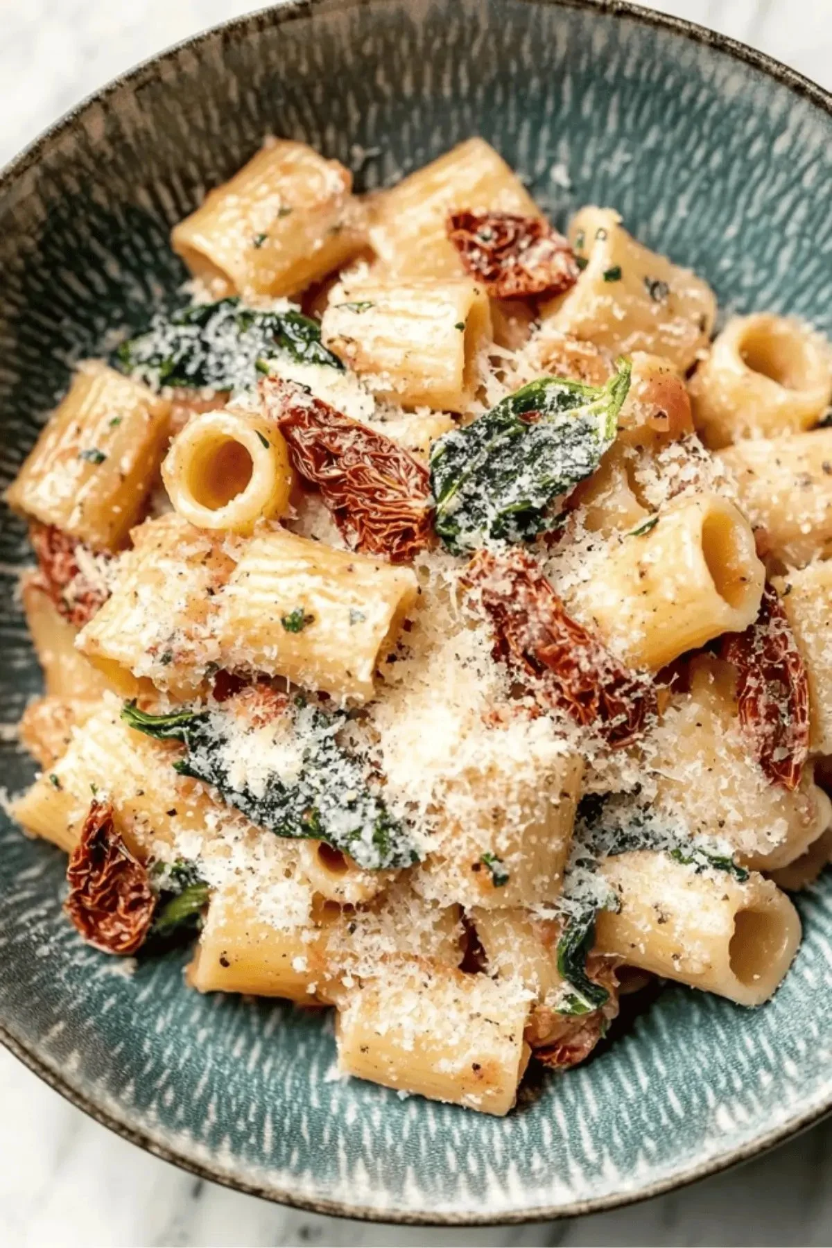 Creamy sun-dried tomato pasta garnished with fresh herbs