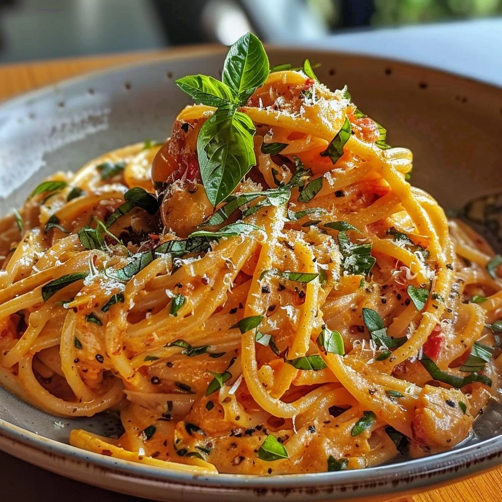 Creamy tomato garlic pasta garnished with fresh basil and grated cheese