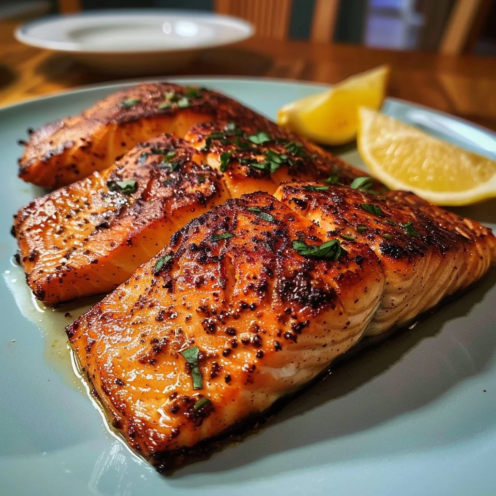 Crispy air fryer salmon fillet served on a plate with fresh herbs and lemon.