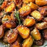 Crispy roast potatoes with rosemary and garlic served in a rustic dish.