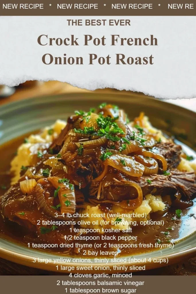 Delicious crock pot French onion pot roast with caramelized onions and herbs