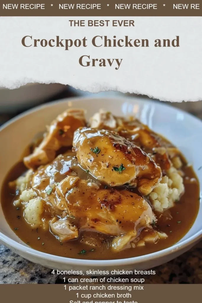 Crockpot Chicken and Gravy served in a dish with fresh herbs