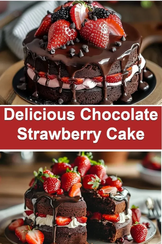 Delicious chocolate strawberry cake topped with fresh strawberries and chocolate drizzle
