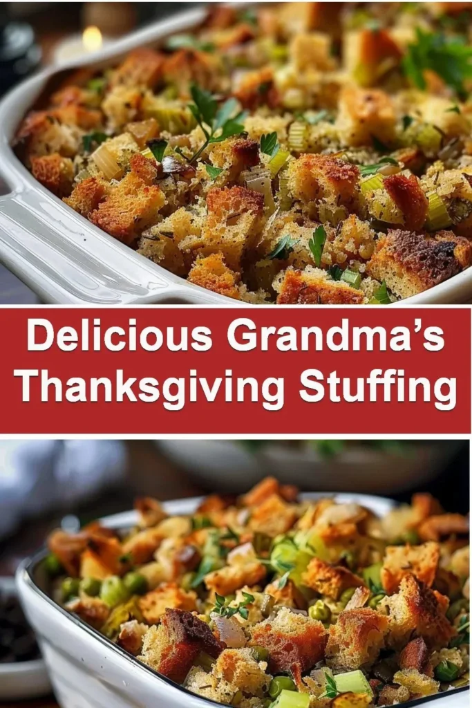 Grandma's delicious Thanksgiving stuffing recipe served in a festive setting
