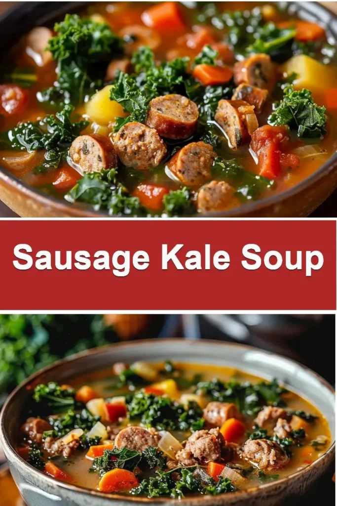 Bowl of delicious sausage kale soup garnished with fresh herbs
