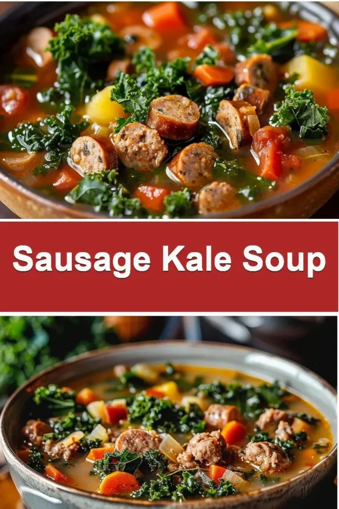 Bowl of delicious sausage kale soup garnished with herbs
