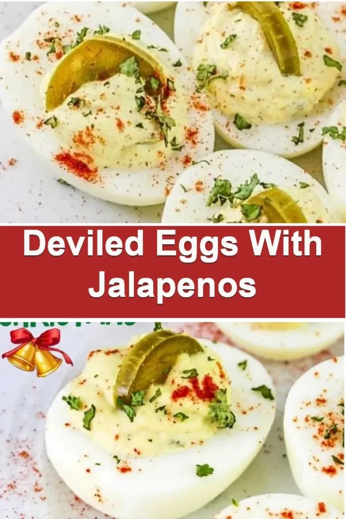Delicious deviled eggs topped with spicy jalapenos on a platter.