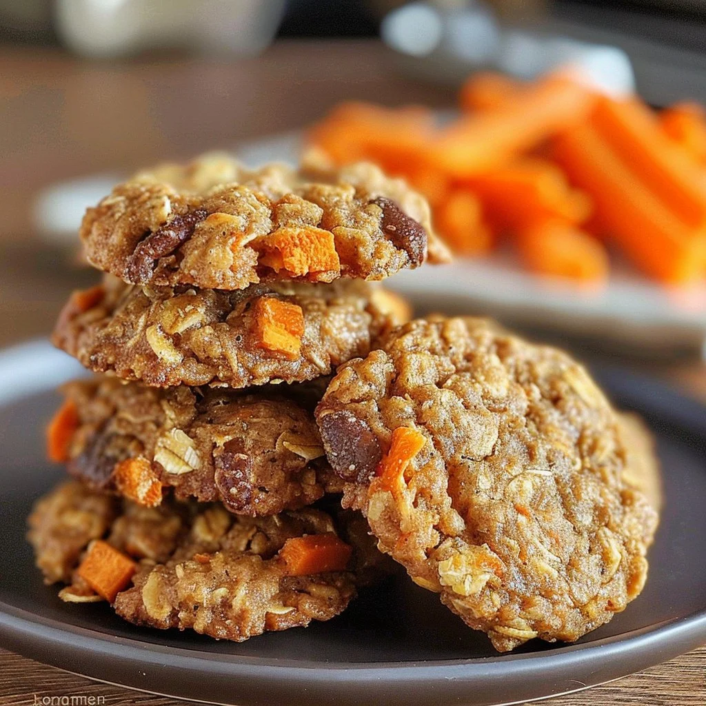 Delicious homemade carrot cake oatmeal cookies on a wooden table.