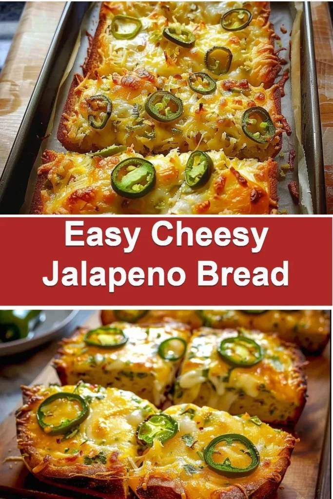 Loaf of easy cheesy jalapeno bread with toppings on a wooden table.