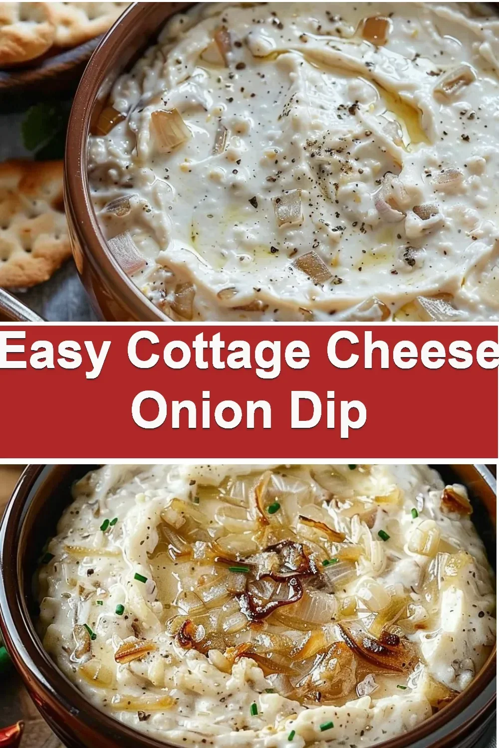 Bowl of easy cottage cheese onion dip served with vegetables