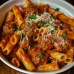 Delicious plate of easy Instant Pot rigatoni and meatballs served with parmesan.