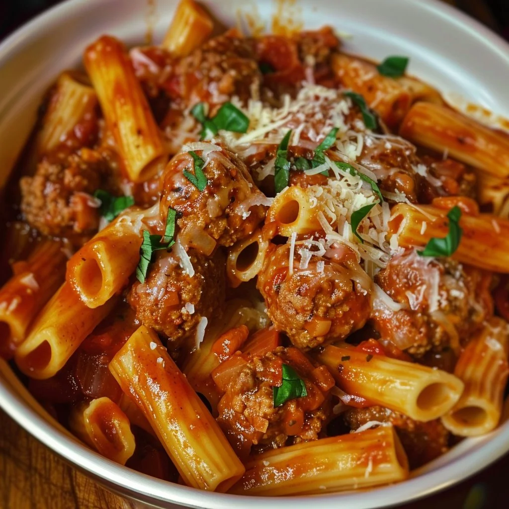 Delicious plate of easy Instant Pot rigatoni and meatballs served with parmesan.
