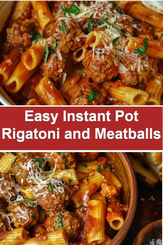 A plate of Easy Instant Pot Rigatoni and Meatballs garnished with parsley and parmesan.