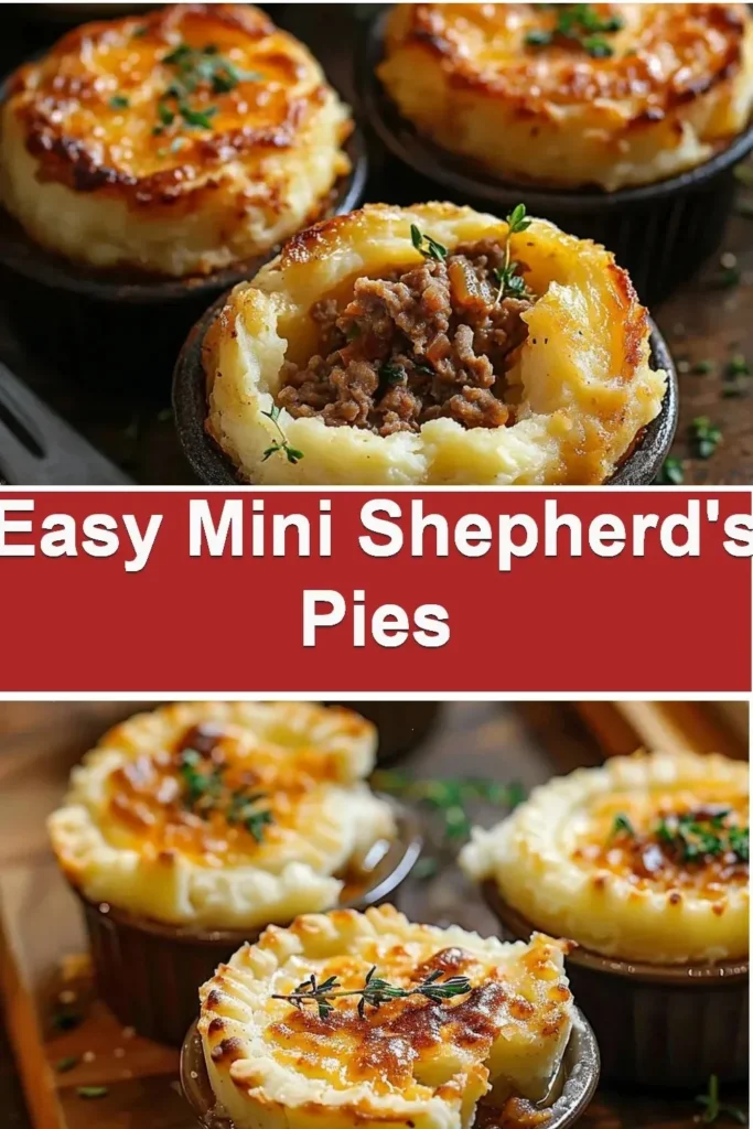 Easy mini shepherd's pies served in ramekins on a rustic table.