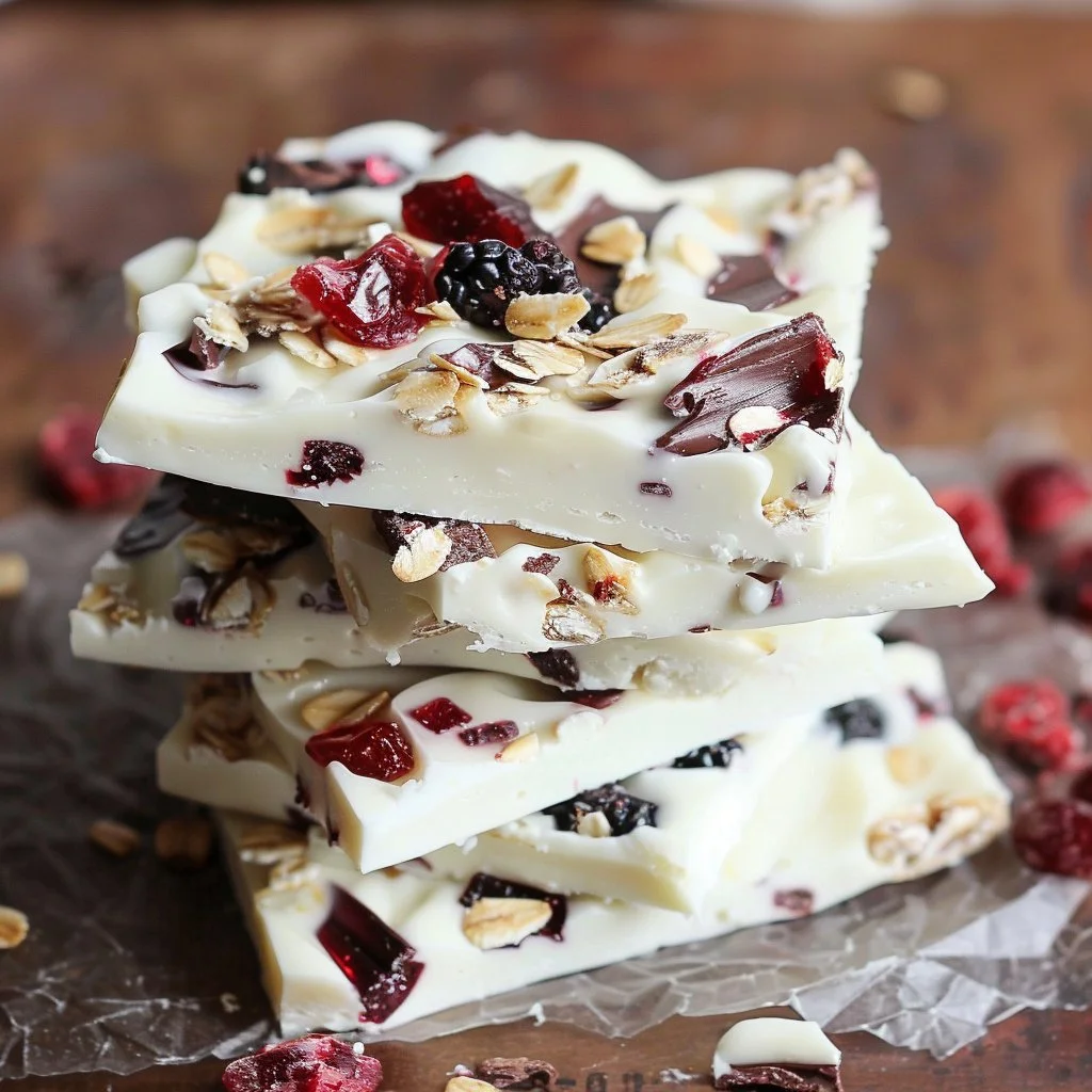 Delicious homemade yogurt bark topped with colorful fruits and nuts.